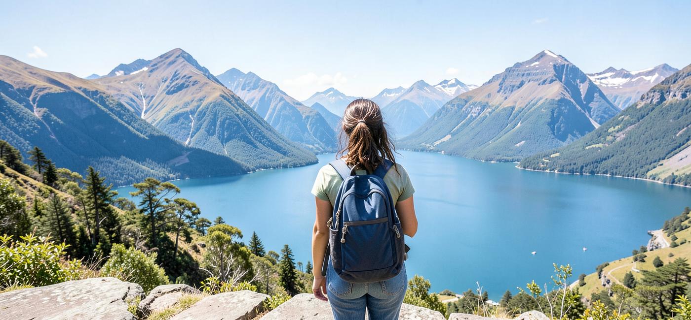 Student exploring a mountain lake